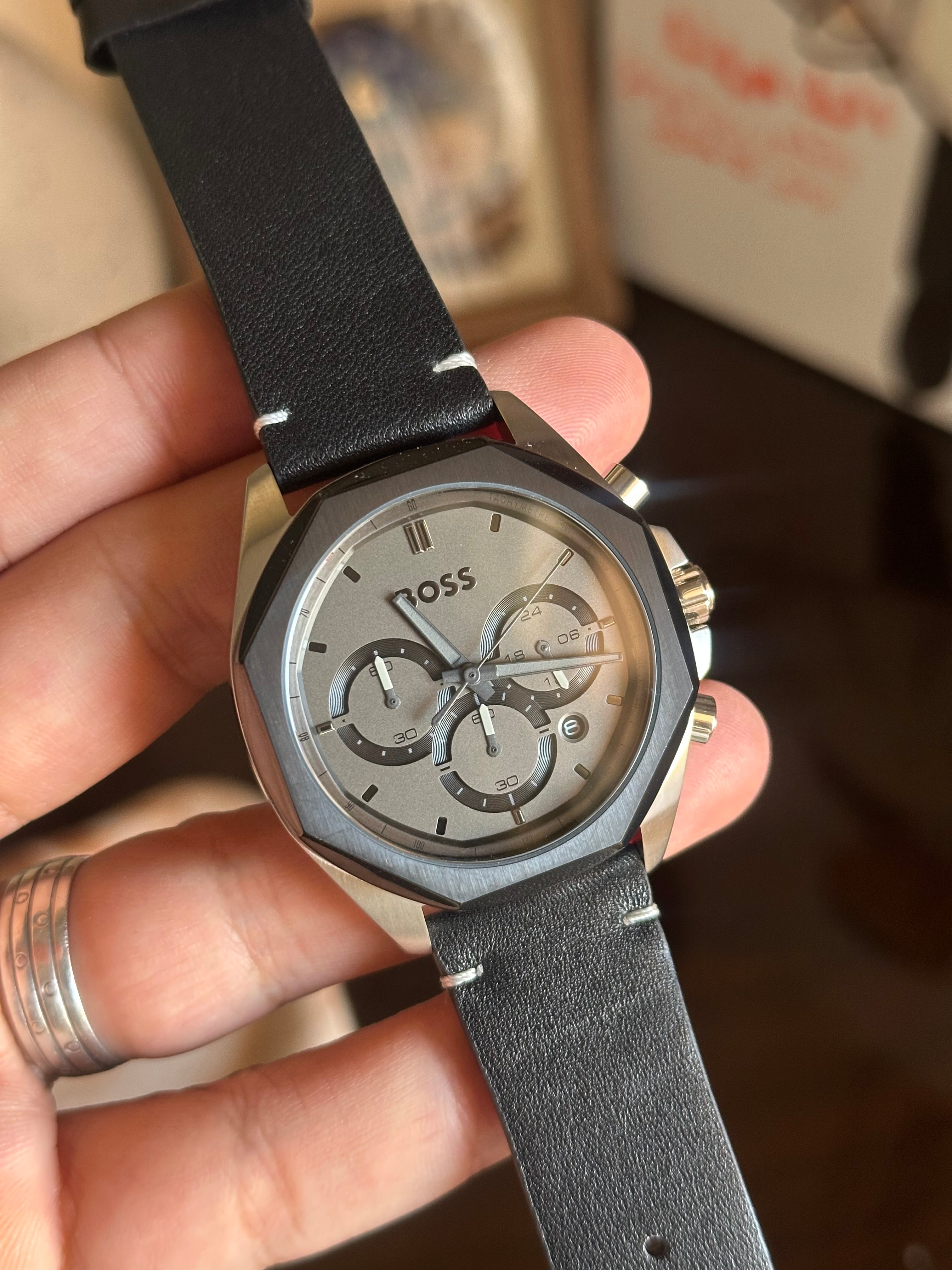 HUGO BOSS CLOUD MEN's GREY DIAL, BLACK LEATHER WATCH - 1514014