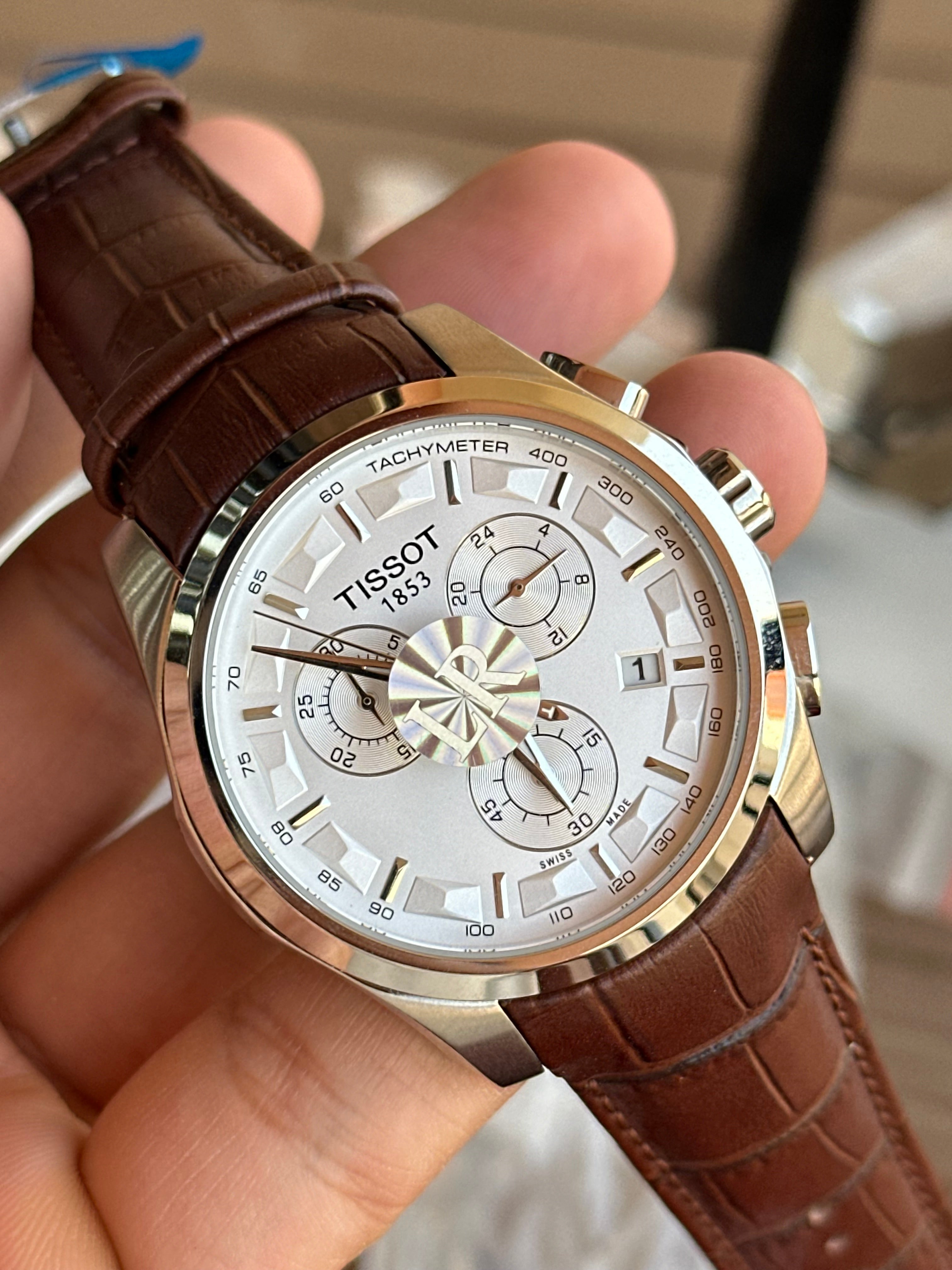 Tissot Chronograph white Dial brown leather strap