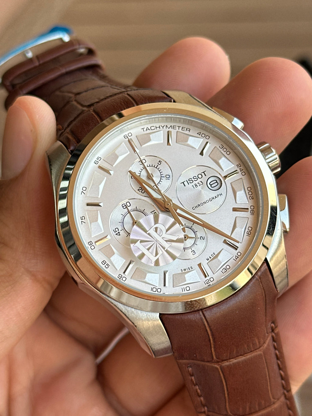 Tissot Chronograph white Dial brown leather strap